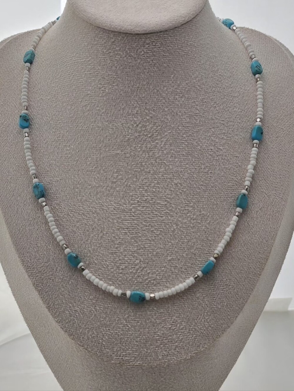 Natural Turquoise and White Beaded Necklace